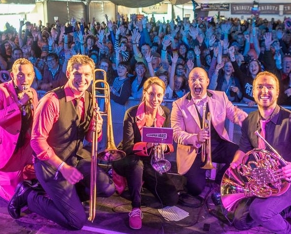 Oompah Brass with crowd at Looe Festival