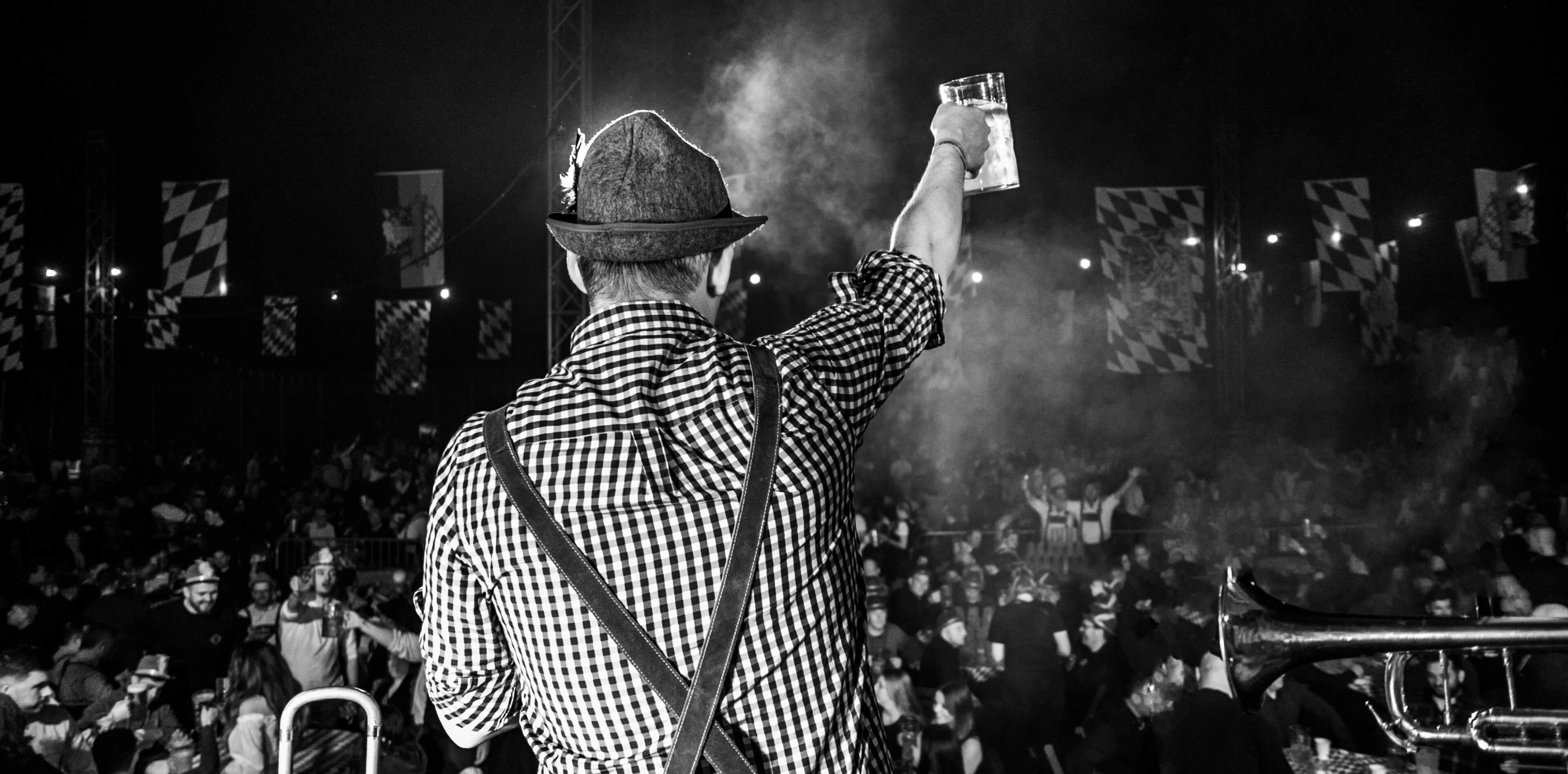 Oompah brass performing on stage at Oktoberfest festival